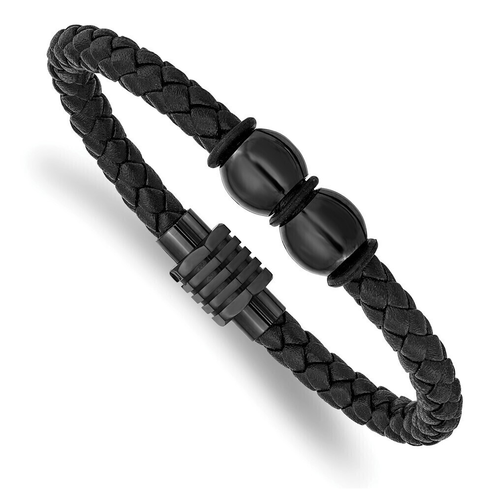 Kazi Luxury Stainless Steel Polished Black IP Black Rubber and Leather 8.25in
